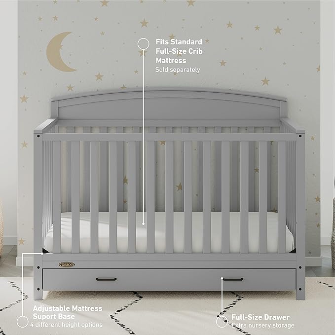 Graco Benton 5-in-1 Convertible Crib with Drawer (Pebble Gray) -Converts from Baby Crib to Toddler Bed, Daybed and Full-Size Bed,Fits Standard Full-Size Crib Mattress, Adjustable Mattress Support Base - LeafyLoom