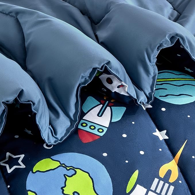 SLEEP ZONE Kids Bedding Comforter Set Full/Queen Size - Super Soft & Cute Printed 3-Piece Comforter Set All Seasons for Boys, Girls, Fade Resistant, Machine Washable, Rocket Galaxy - LeafyLoom