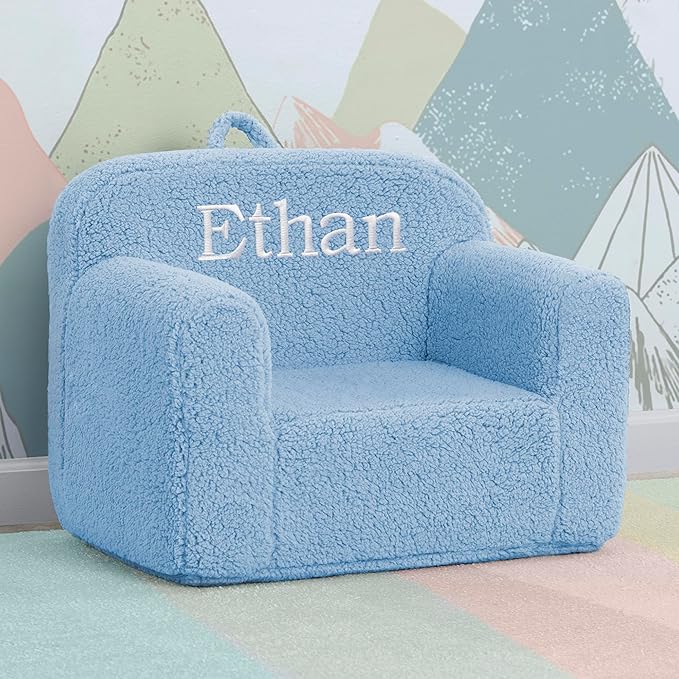 Delta Children Personalized Sherpa Cozee Chair - Customize with Name – Foam Kids Chair for Ages 18 Months and Up, Powder Blue - LeafyLoom