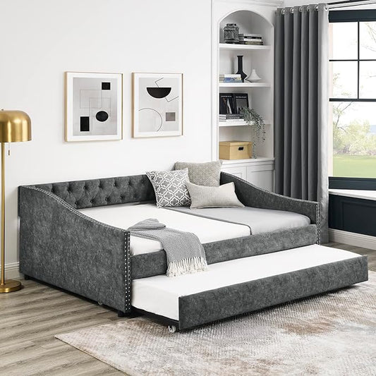 RITSU Full Size Daybed Pull Out Upholstered, with Casters，Tufted Buttons on Back, Wooden Frame Sofa Bed, Copper Nail on Waved Shape Arms, for Bedroom, Living Room, 80.50, Grey-3 - LeafyLoom