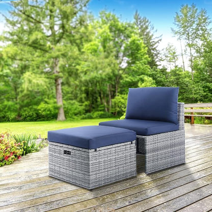 BACKYARD EXPRESSIONS PATIO · HOME · GARDEN w Backyard Expressions 2 Pc. Outdoor Conversation Chair Set with Storage and Ottoman, 250lb Weight Capacity, Navy Blue/Grey Wicker - LeafyLoom