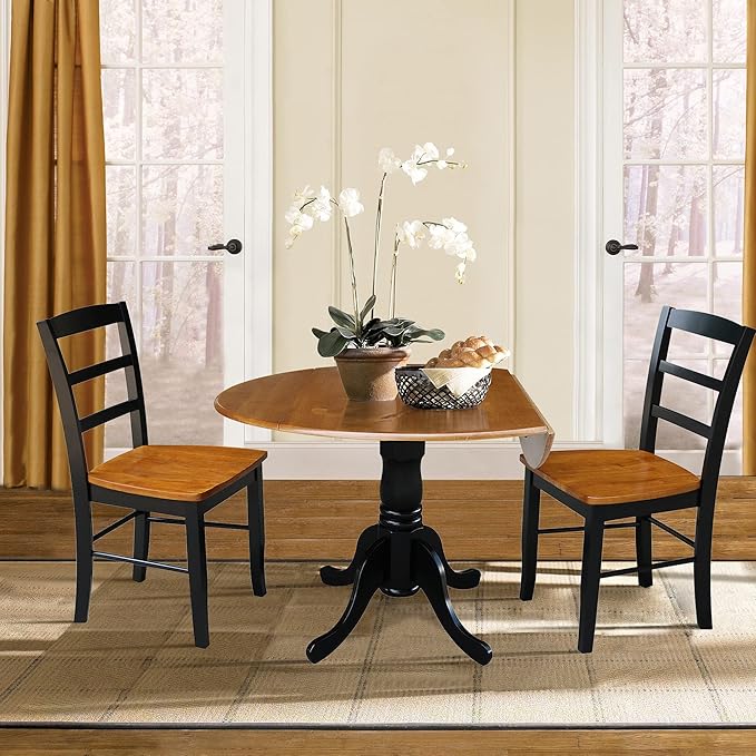 IC International Concepts 3-Piece Dining Set - 42-Inch Dual Drop Leaf Pedestal Table with 2 Madrid Chairs, Perfect for Small Spaces and Kitchens - Black and Cherry Finish - LeafyLoom