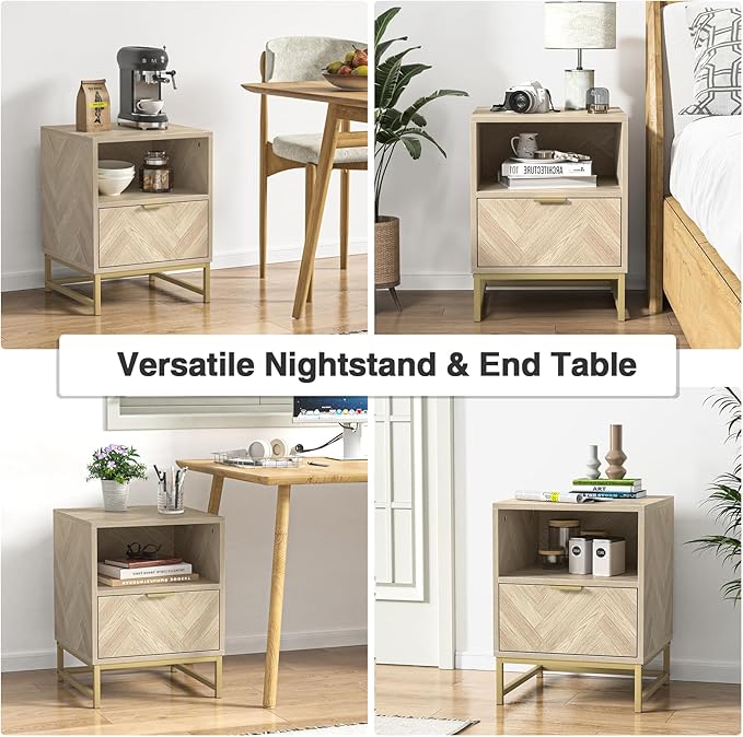 Anmytek Night Stand, Small Side Table, Sturdy Wood Nightstand with Storage Drawer and Shelf, Modern End Table Bedside Table with Polished Gold Handles for Bedroom, Dorm, Small Spaces H0054 - LeafyLoom