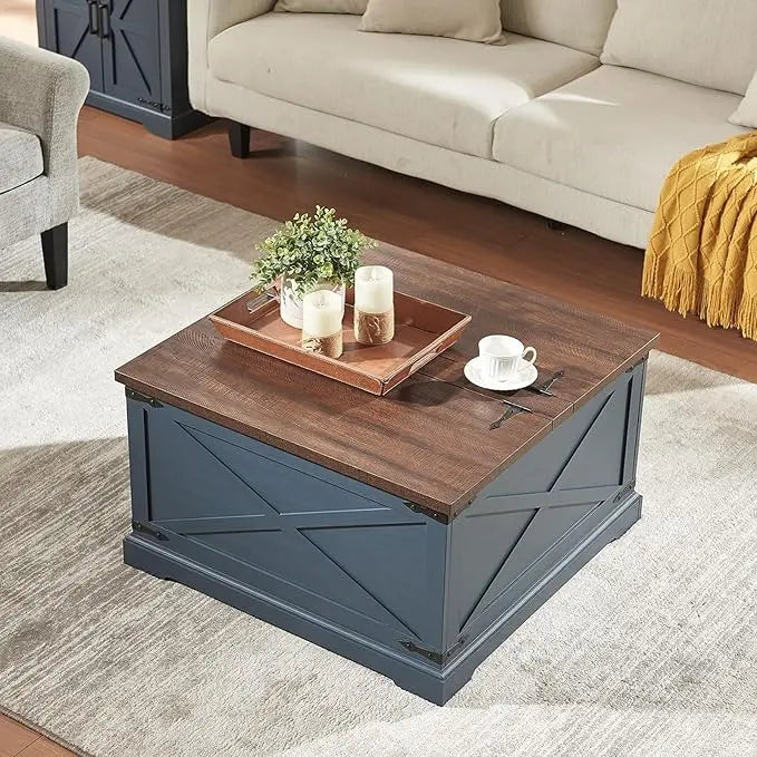 Farmhouse Square Coffee Table with Storage, Wood Center Table with Hinged Lift Top, Rustic Cocktail Table with Large Hidden Storage Compartment for Living Room, Bedroom,Blue - LeafyLoom