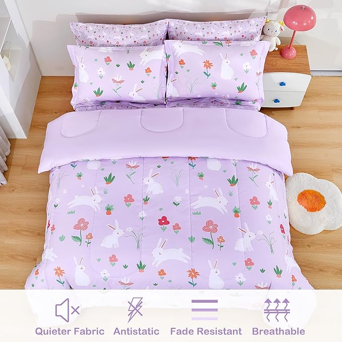 Mooreeke Bed in a Bag for Kids Girls Teens, 7 Pieces Full Size Comforter Bed Set with Shams, Sheet Set, Rabbit Purple Super Soft Microfiber Kids Comforter Bedding Set - LeafyLoom