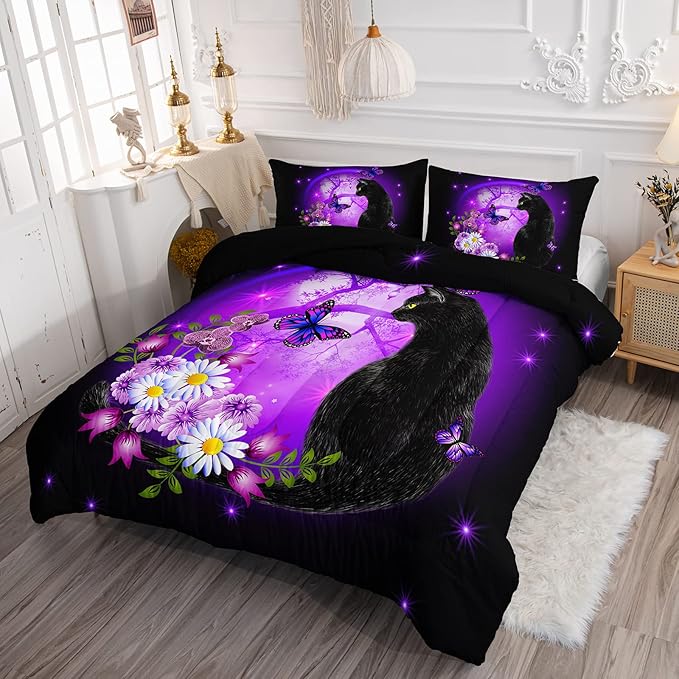 Black Cat Bedding Cartoon Cat Comforter Set Twin,Daisy Butterflies Printed Kids Bedding Set for Kids Boys Girls Adults Room Decor,Kids Comforter Set All Season,1 Quilt 2 Pillow Cases,Purple - LeafyLoom