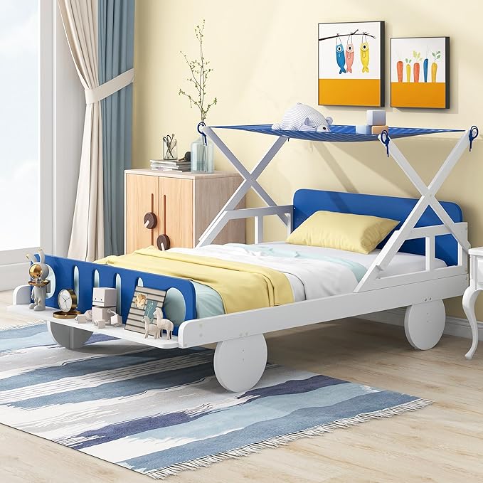 Twin Size Car Bed with Ceiling Cloth,Wooden Car-Shaped Bedframe W/Headboard & Footboard,No Box Spring Required,Fun Play for Boys Kids Toddlers Child's Bedroom,White - LeafyLoom