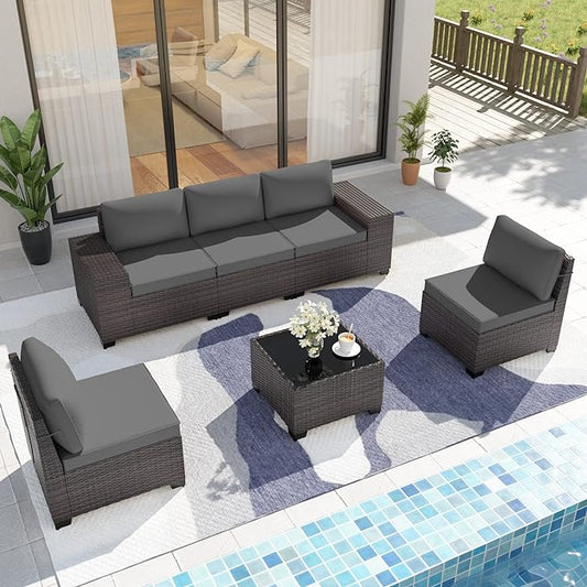 Patio Furniture Set Sofa 6-Piece Wicker PE Rattan Sectional Sofa Set, Outdoor Furniture Patio Conversation Set with Glass Coffee Table, Grey - LeafyLoom