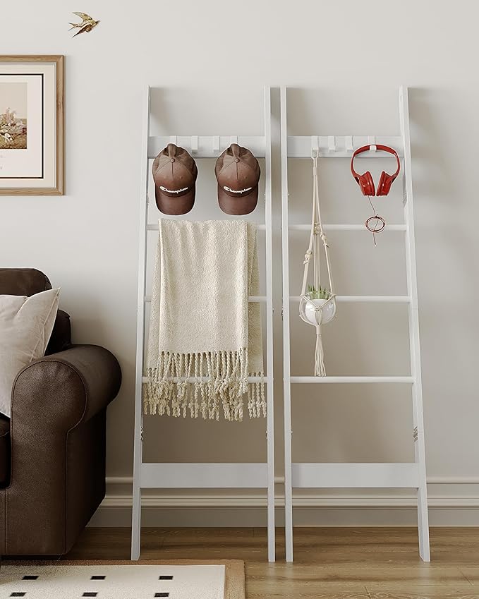 Blanket Ladder Shelf for Living Room, Decorative Wood Quilt Rack with 4 Removable Hooks, 5-Tier Farmhouse Ladder Holder Organizer for Bedroom, White BR02113W - LeafyLoom