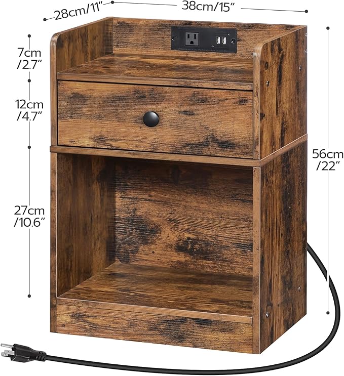 HOOBRO Nightstand with Charging Station, End Table with Drawer and Opening Shelf, Side Table with USB Ports and Outlets, Bedside Table for Bedroom, Small Night Stand, Rustic Brown FG18UBZ01 - LeafyLoom