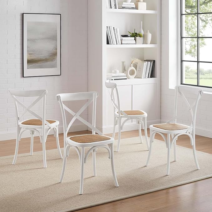 Modway Gear Rustic Modern Farmhouse Elm Wood Rattan Four Dining Chairs in White - LeafyLoom