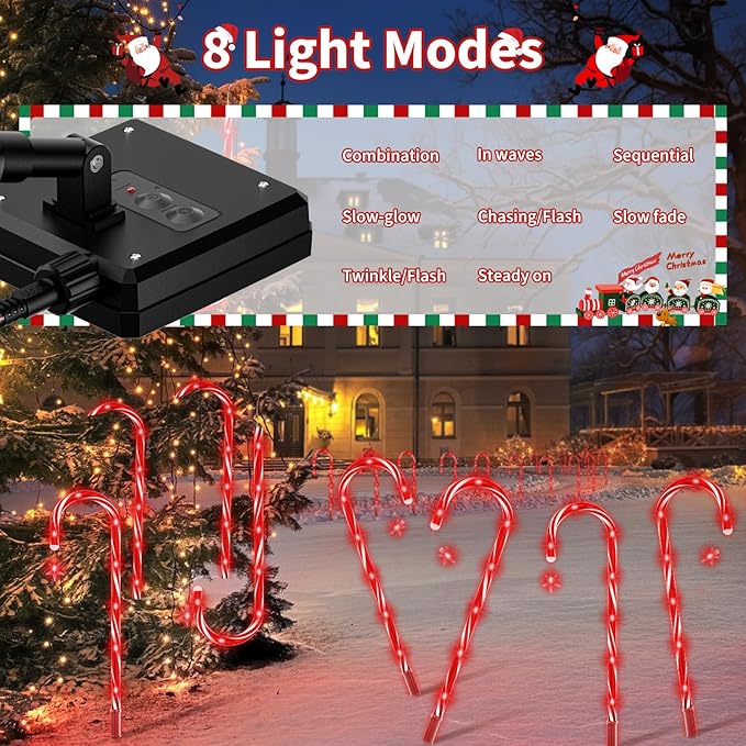 AOSEA Christmas Decorations Outdoor, 80 Red LEDs Solar Christmas Candy Cane Lights, 10 Pack Solar Pathway Lights with 8 Lighting Modes, Waterproof Solar Lights for Yard, Walkway, Lawn, Garden Decor AOSEA