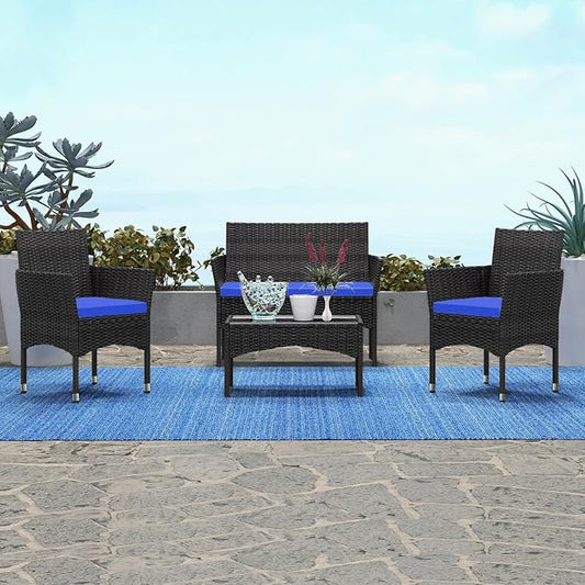 Patio Furniture, 4 Piece Conversation Set, Outdoor Wicker Rattan Table and Chairs, Sectional Sofa with Thick Cushion for Garden, Yard, or Porch, Dark Brown - LeafyLoom