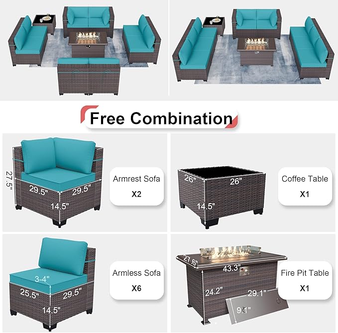 Patio Furniture Sectional Sofa Set 10-Pieces PE Rattan Patio Conversation Set w/43in Gas Fire Pit Table, Outdoor Furniture with 55000 BTU Propane Fire Pit, Blue - LeafyLoom