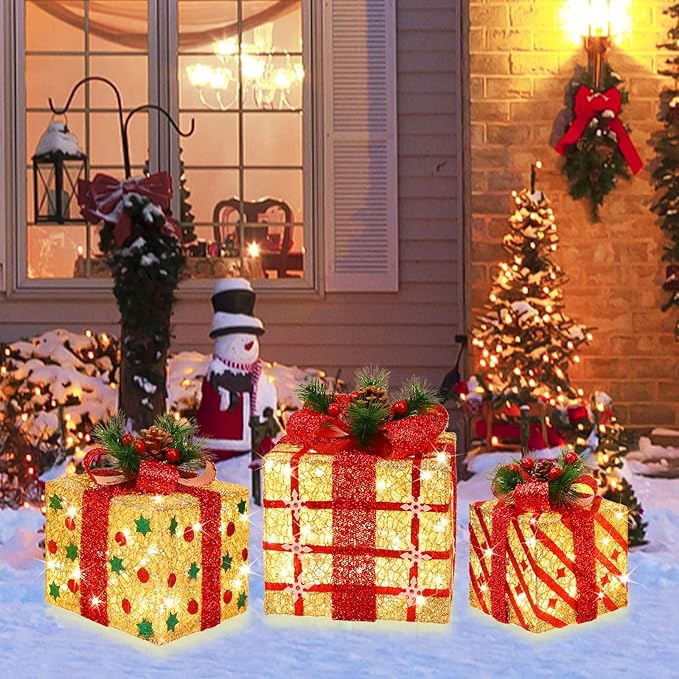 [Large 9.5"x8"x6.5" Christmas Set of 3 Lighted Gift Boxes Decorations Pre-lit 70 Super-Bright LED with Flashers,for Indoor Outdoor Christmas Tree Skirt Ornament Pathway Holiday Party Home GLOWNOVA