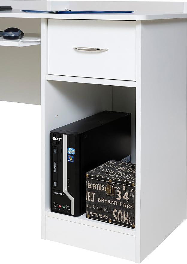 OneSpace Essential Computer Desk, Hutch with Pull-Out Keyboard, White - LeafyLoom