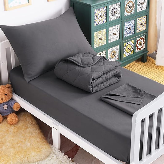 NTBAY Toddler Bedding Set - 4 Piece Soft and Breathable Crib Bedding Set for Boys and Girls, Includes Quilted Comforter, Fitted Sheet, Flat Top Sheet and Envelope Pillowcase, Dark Grey - LeafyLoom