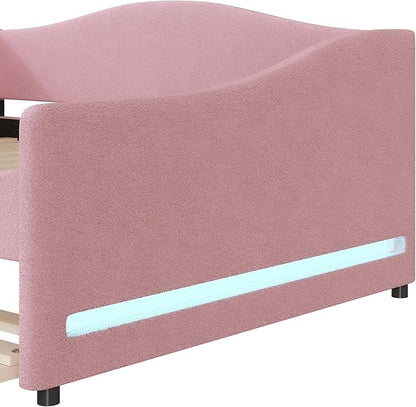 Teddy Fleece Full Size Upholstered Daybed with LED Light and Trundle,Modern Wood Platform Bed W/Side Stripes,Easy Assembly,for Bedroom,Living Room,Guestroom,Pink - LeafyLoom