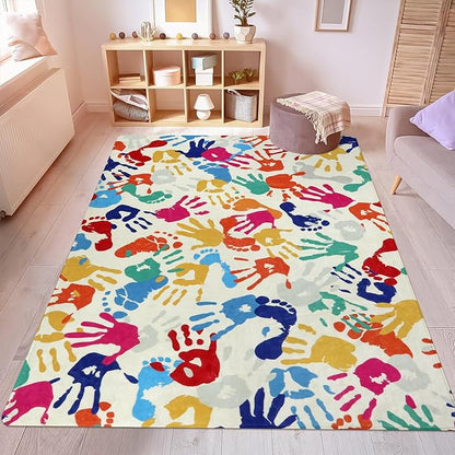 Large Kids Rug for Playroom, 8'x10' Handprints and Footprints Colorful Rug for Classroom, Non-Slip Washable Rug for Nursery, Soft Throw Carpet Indoor Playmat for Kids Room Dorm Bedroom - LeafyLoom