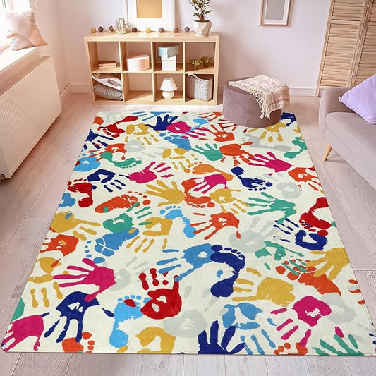 Large Kids Rug for Playroom, 8'x10' Handprints and Footprints Colorful Rug for Classroom, Non-Slip Washable Rug for Nursery, Soft Throw Carpet Indoor Playmat for Kids Room Dorm Bedroom - LeafyLoom