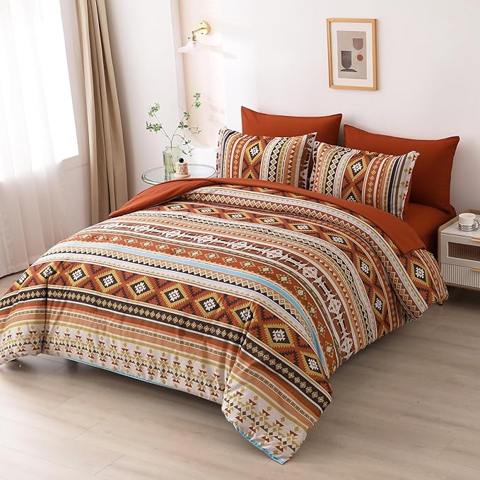 Dinjoy Queen Size Comforter Set Boho,Burn Orange Bed in a Bag Queen Striped Bedding Sets Terracotta Western Comforters with Sheets 7 Pieces Complete Set Aztec for All Seasons 90"x90" - LeafyLoom