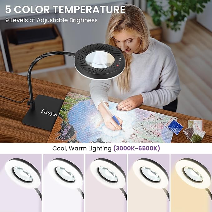 EASYINBEAUTY 8X Magnifying Glass with Light and Stand, 5 Color Modes & 9-Level Dimmable, 2-in-1 LED Magnifying Desk Lamp with Clamp, Gooseneck Magnifying Light for Crafts Hands Free, Close Work, Read - LeafyLoom