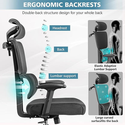 Primy Office Chair Ergonomic Desk Chair, High Back Computer Gaming Chair, Comfy Big and Tall Home Office Chair with Lumbar Support, Breathable Mesh Reclining Chair Adjustable Armrests Headrest(Black) - LeafyLoom