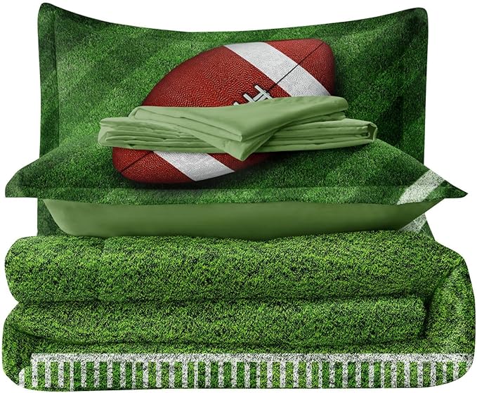 Football Comforter Set Full Size for Teen Boys, Kids Football Field Bedding Green Themed Bedroom Set with Sheets, Full Bed in a Bag Set - LeafyLoom