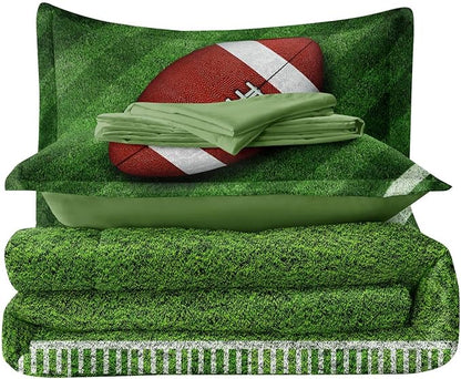 Football Comforter Set Twin Size for Teen Boys, Kids Football Field Bedding Green Themed Bedroom Set with Sheets, Twin Bed in a Bag Set - LeafyLoom