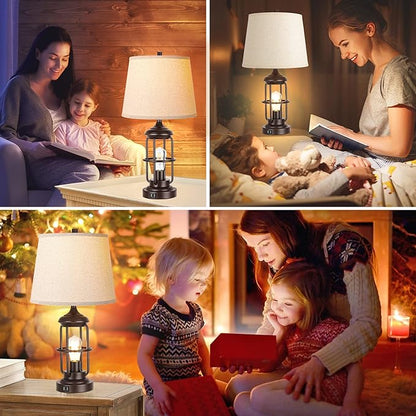 QiMH Table Lamp for Living Room with USB Ports, Touch Control 3-Way Dimmable Bedside Lamp with LED Night Light, Farmhouse Rustic Nightstand Lamp Bedroom Decor(2700K Bulbs Included) - LeafyLoom