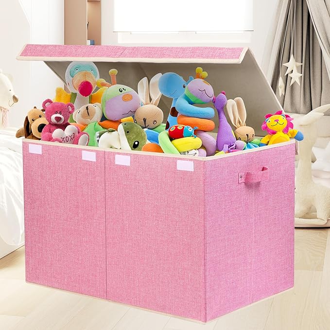 popoly 122L Large Toy Box Chest with Lid, Foldable Toy Storage Organizer Bin Boxes with Removable Divider for Kids, Boys, Girls, Nursery, Playroom, 26"x17" x17"(Linen Pink) - LeafyLoom