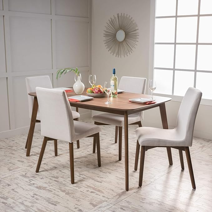 Christopher Knight Home Orrin 60" Rectangular Dining Set, 5-Pcs Set, Natural Walnut / Light Beige - LeafyLoom