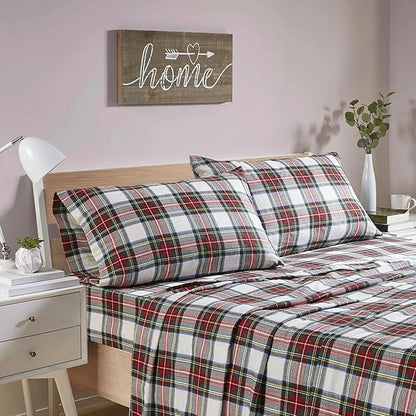 Comfort Spaces Cotton Flannel Breathable Warm Deep Pocket Sheets with Pillow Case Bedding, Queen, Red Plaid Scottish Plaid 4 Piece - LeafyLoom