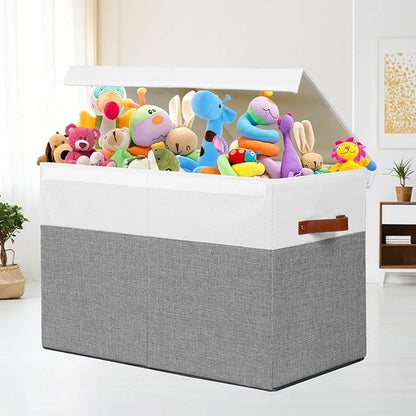 Large Toy Storage Box with Lid, Sturdy Toys Storage Chest Bin Organizer Basket with Dividers for Kids, Boys, Girls, Nursery, Closet, Bedroom, Playroom 25"x13" x16" (Grey and White) - LeafyLoom