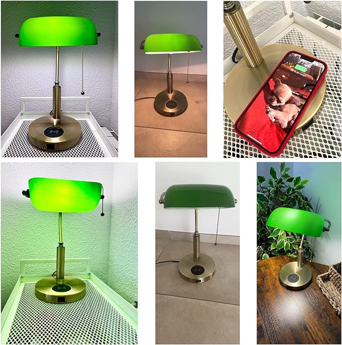 FIRVRE Bankers Lamp with2 USB and Wireless Charging Port，Pull Chain Switch Green Glass Desk Lamp， E26 Base,Traditional Library Desk Lamps for Home Office,Bedroom,Piano - LeafyLoom