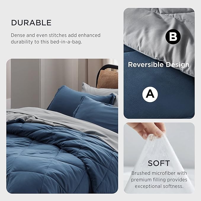 Bedsure Navy Bed Sets Twin - 5 Pieces Reversible Twin Comforter Sets, Twin Bedding Set with Comforters, Sheets, Pillowcase & Sham - LeafyLoom