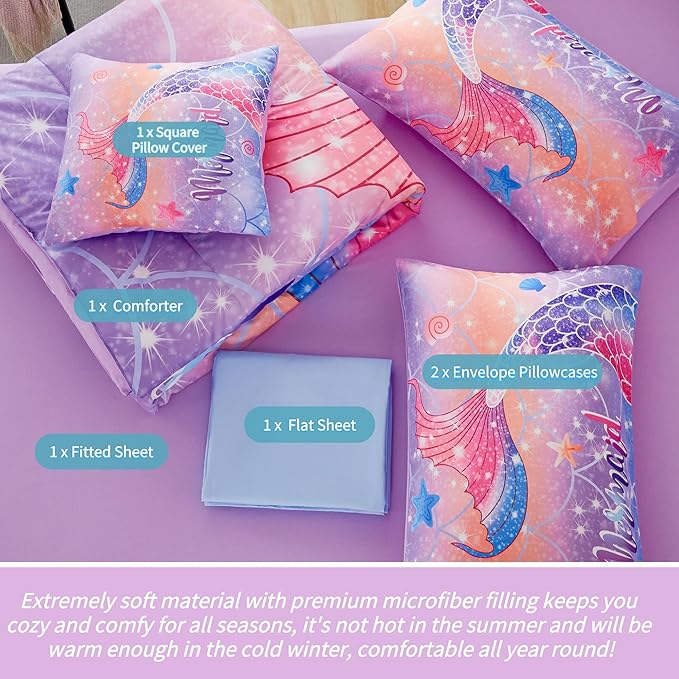 RYNGHIPY Full Bed in a Bag for Kids Teens Girls 6 Pieces, Soft Bedding for All Seasons, Cute Mermaid Tail Kids Bedding Set, Leightweight Girls Fluffy Bed Set - LeafyLoom