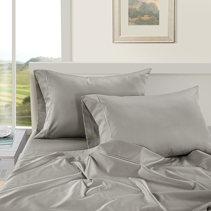 LANE LINEN Split King Sheets for Adjustable Beds - 1000 Thread Count 5 Piece Set 100% Egyptian Cotton Sateen Weave Cool Breathable & Soft 2 Fitted Fits Upto 17" Deep Pockets Silver - LeafyLoom