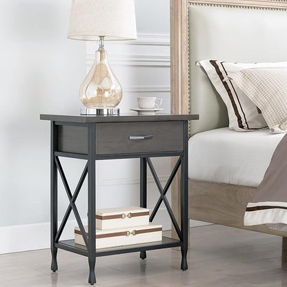 Leick Home 23022 Chisel & Forge One Drawer Nightstand with Shelf, Gray/Matte Black - LeafyLoom