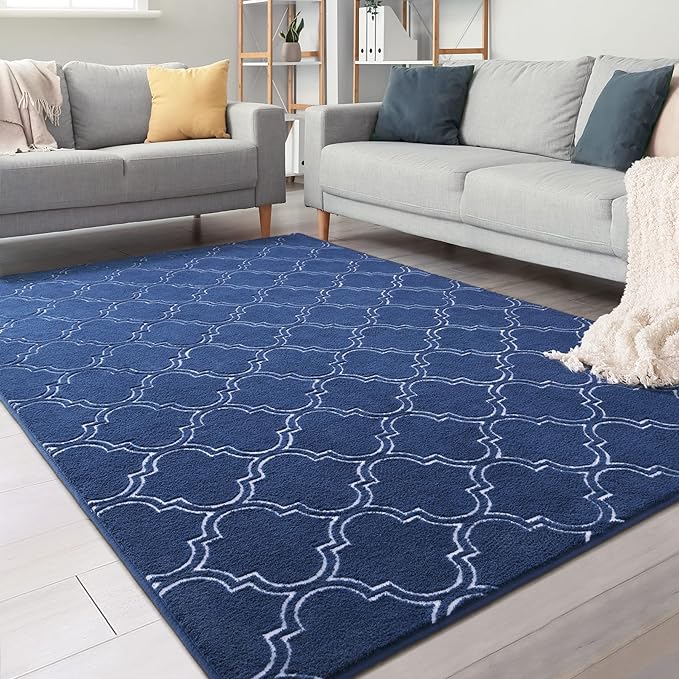 Chicrug Shag Geometric Modern Area Rug for Bedroom, 3x5 Feet Memory Foam Indoor Carpet, Fluffy Rug for Living Room Bedside Room Decor for Family Girls Kids Nursery Play Mat, Navy/White - LeafyLoom