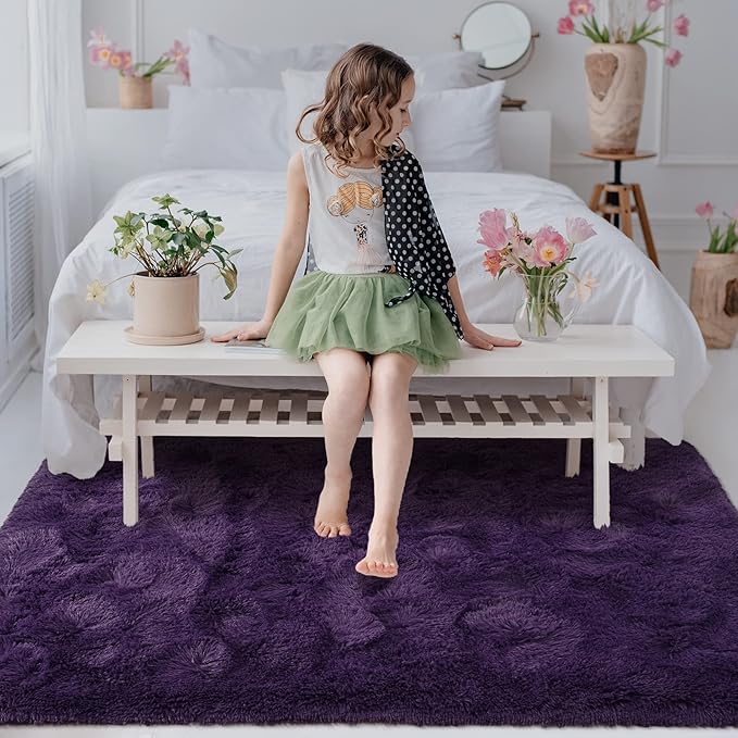 Softlife Ultra Soft Fluffy Area Rugs for Bedroom, Girls and Boys Room Kids Room Nursery Rug, 3 x 5 Feet Shaggy Fur Indoor Plush Modern Floor Carpet for Living Room Christmas Decor, Dark Purple - LeafyLoom