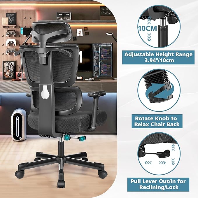 Primy Office Chair Ergonomic Desk Chair, High Back Computer Gaming Chair, Comfy Big and Tall Home Office Chair with Lumbar Support, Breathable Mesh Reclining Chair Adjustable Armrests Headrest(Black) - LeafyLoom