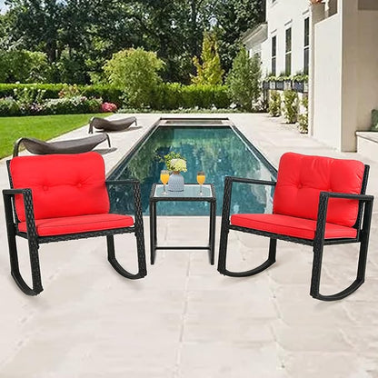 FDW 3 Piece Wicker Patio Furniture Sets Rocking Chair Outdoor Bistro Set Patio Set Rattan Chair Conversation Set with Porch Chairs and Coffee Table,Red - LeafyLoom