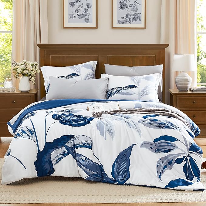 WRENSONGE Full Size Comforter Sets, 7 Pieces Blue Floral Comforter Set with Sheets for Full Size Bed, Leaf Pattern Bedding Sets Full, Soft Lightweight Breathable Bed in a Bag for All Seasons - LeafyLoom