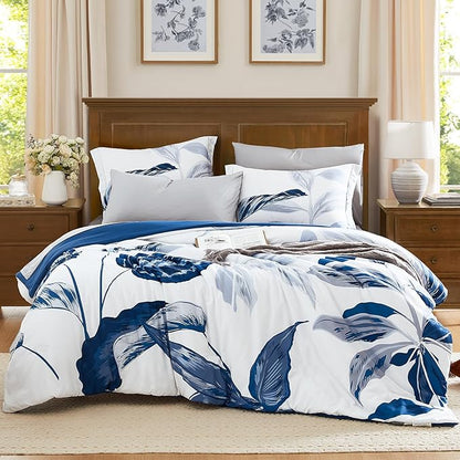 WRENSONGE Full Size Comforter Sets, 7 Pieces Blue Floral Comforter Set with Sheets for Full Size Bed, Leaf Pattern Bedding Sets Full, Soft Lightweight Breathable Bed in a Bag for All Seasons - LeafyLoom