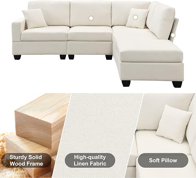 89.8" Modern Sectional Sofa with Convertible Ottoman and 2 Pillows,L-Shape Linen Fabric Corner Couch 5 Set W/Back & Cushion,can Hold up to 330 Lbs,for Apartment,Living Room,Beige - LeafyLoom