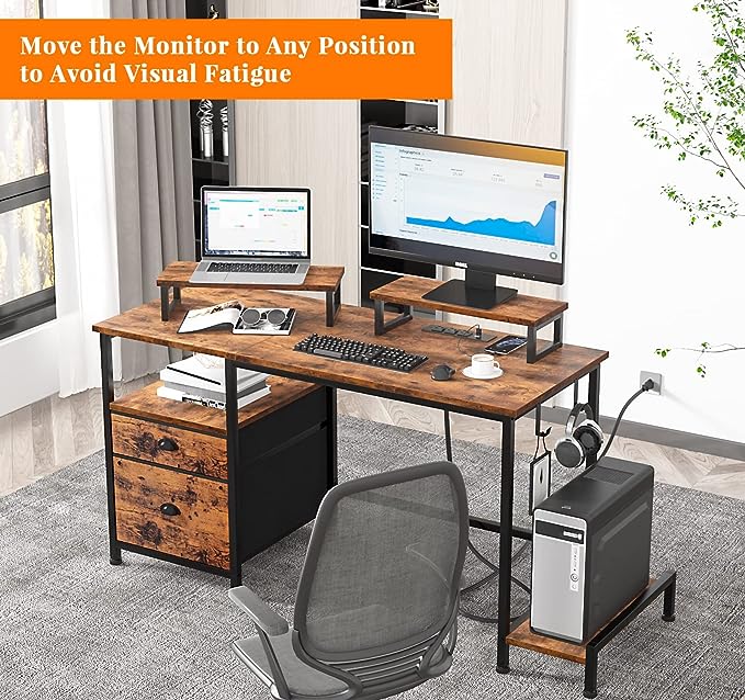 Furologee Computer Desk with Drawer and Power Outlets, 47" Office Desk with 2 Monitor Stands and Fabric File Cabinet, Writing Gaming Table with Shelves and 2 Hooks for Home Office, Rustic Brown - LeafyLoom