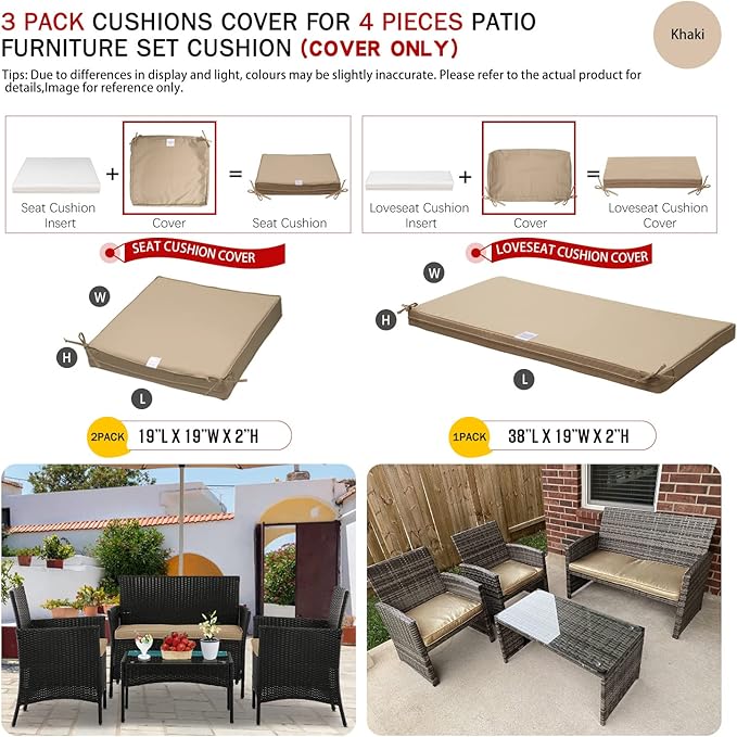 ClawsCover 3Pack Outdoor Seat Cushions Replacement Covers Fit for 4 Pieces Wicker Rattan Furniture Patio Conversation Set Loveseat Chair, 38x19x2,19x19x2,Light Khaki-Large(Include Cover Only) - LeafyLoom