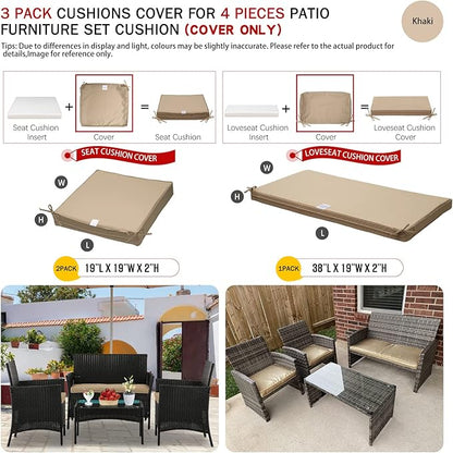 ClawsCover 3Pack Outdoor Seat Cushions Replacement Covers Fit for 4 Pieces Wicker Rattan Furniture Patio Conversation Set Loveseat Chair, 38x19x2,19x19x2,Light Khaki-Large(Include Cover Only) - LeafyLoom