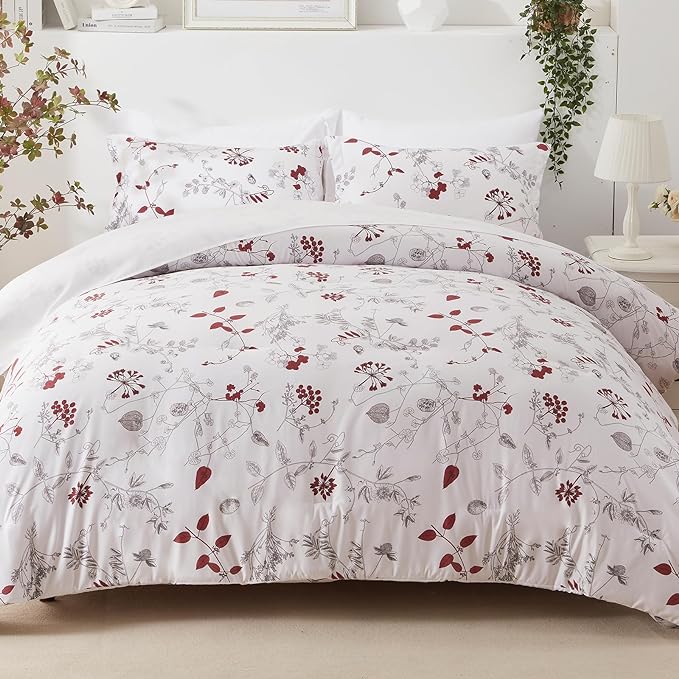 EMME Queen Comforter Set - Red Floral Bedding Set 7 PCS with Flowers Leaves Pattern, Soft Plant Printed Botanical Bed Set with Sheets, Fluffy Bed Bag for All Season(90"X90") - LeafyLoom